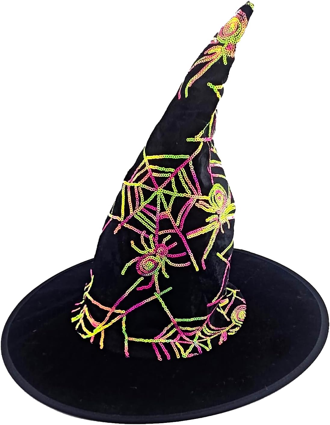 Black Velvet Witch Hat with Neon Sequin Spider Web Design