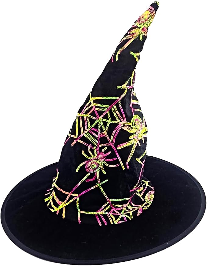 Black Velvet Witch Hat with Neon Sequin Spider Web Design