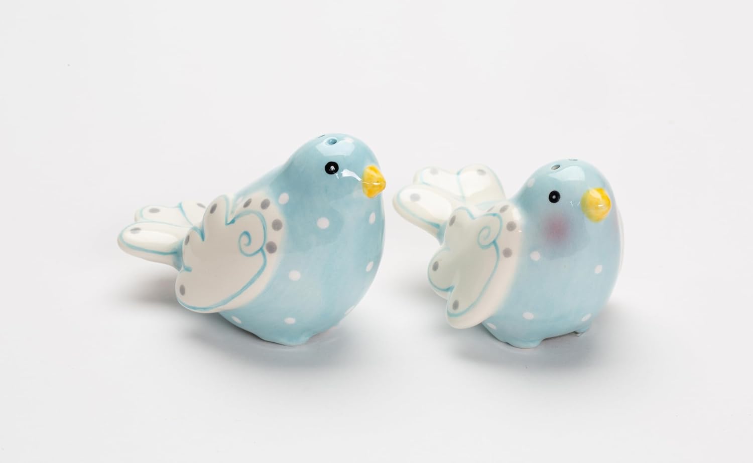 Cosmos Gifts Fine Ceramic Lovebird Bluebird Pastel Baby Blue Bird with White Wings and White Polka Dots Design Salt and Pepper Shakers Set 3-5/8" L