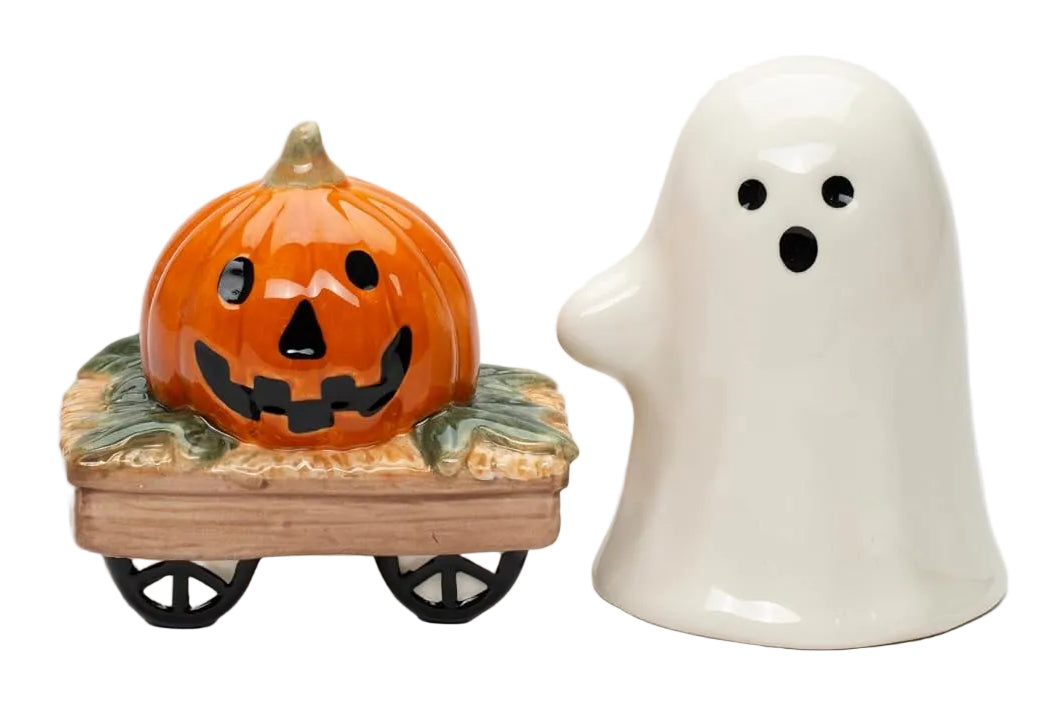Fine Ceramic Halloween Casper & Pumpkin Wagon Salt & Pepper Shakers Set, 3-1/4" H