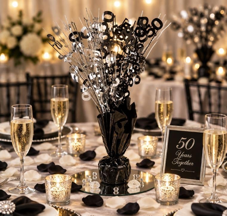 Black & Silver 50th Birthday Balloon Weight Centerpieces, 2 Pieces