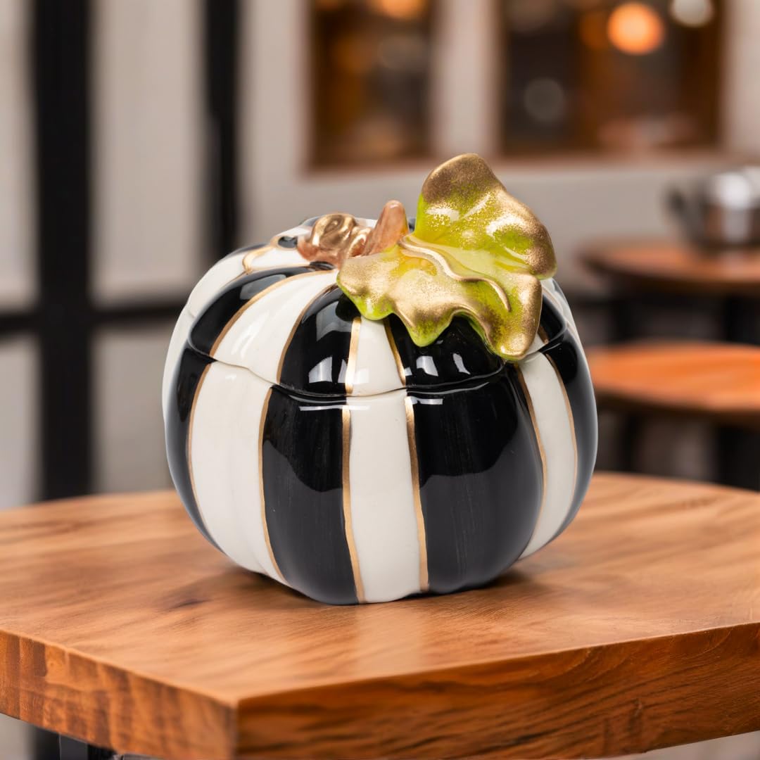 Cosmos Gifts Black and White Small Ceramic Pumpkin Box 3-1/2" D x 3-3/8" H