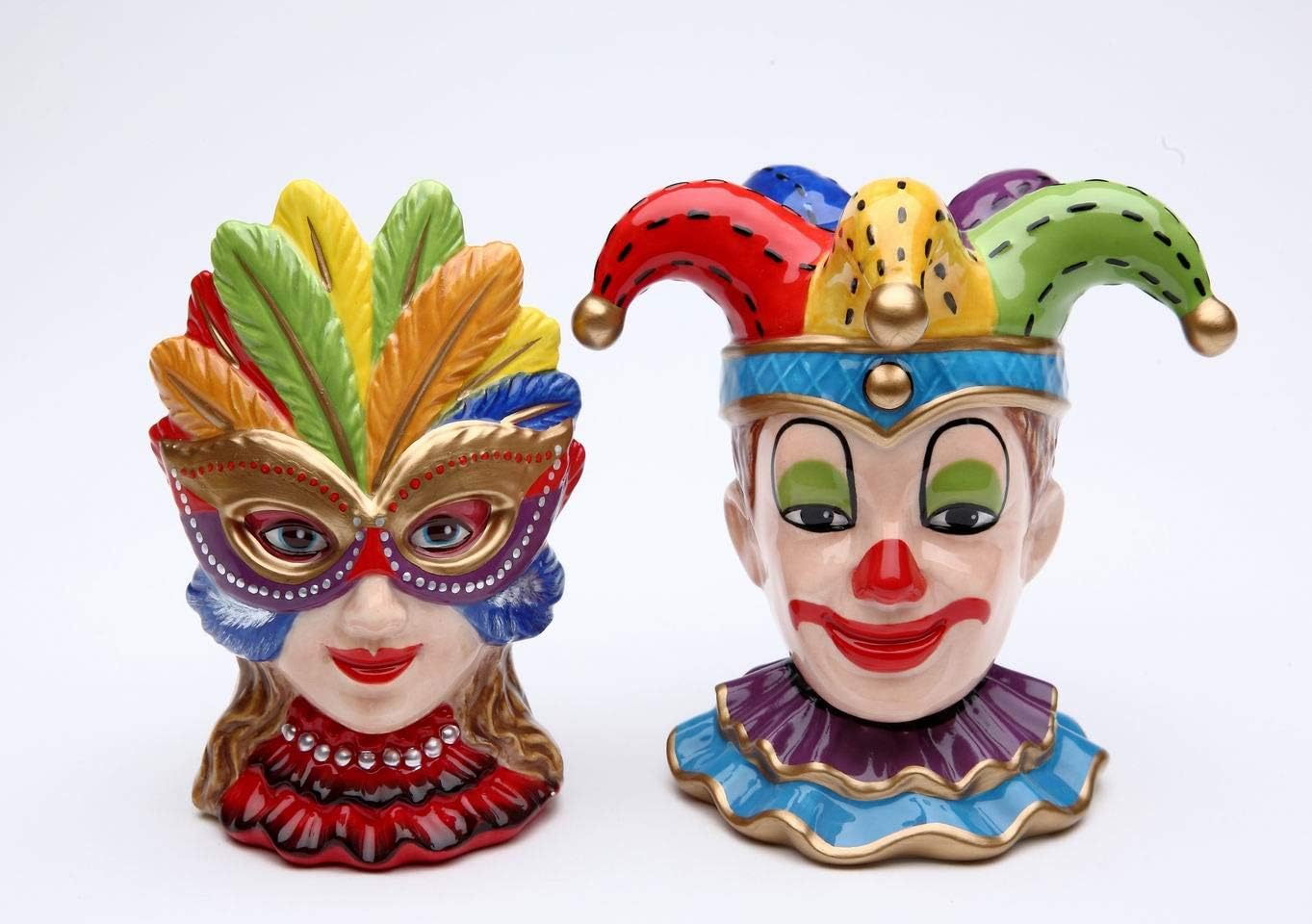 Cosmos Gifts Fine Ceramic Hand Painted Mardi Gras Joker Clown and Girl Wearing Mask Salt and Pepper Shakers Set 4" H Multicolor