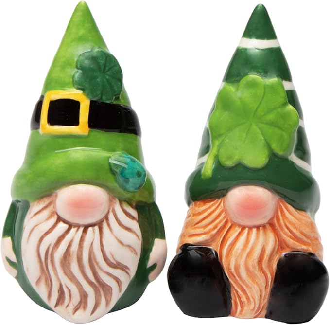 Cosmos Gifts Fine Ceramic St. Patrick Day Shamrock Gnome Salt and Pepper Shakers Set 3-7/8" H