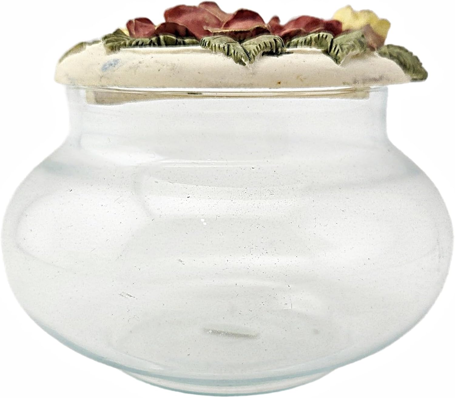 Party Favors Plus Vintage Glass Vanity Jar Ceramic Red Rose Floral Lid Capodimonte Style Round 3x4 Inch