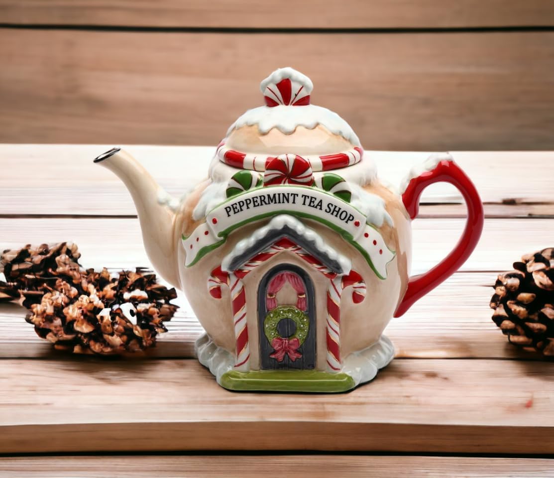 Cosmos Gifts Fine Ceramic Hand Painted Christmas Peppermint Candy Cane Tea Shop Gingerbread House Teapot 8-7/8" L