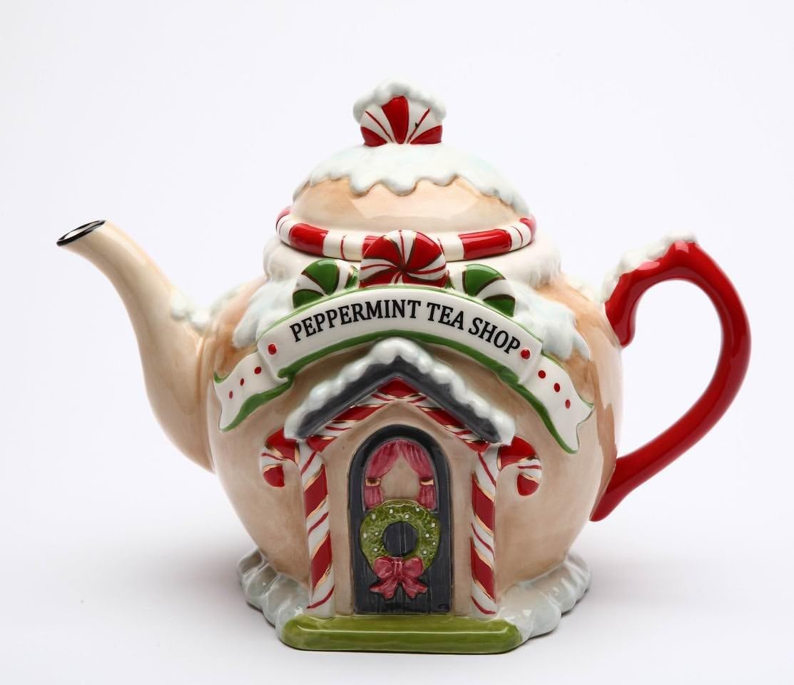 Cosmos Gifts Fine Ceramic Hand Painted Christmas Peppermint Candy Cane Tea Shop Gingerbread House Teapot 8-7/8" L
