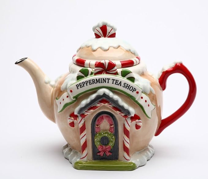 Cosmos Gifts Fine Ceramic Hand Painted Christmas Peppermint Candy Cane Tea Shop Gingerbread House Teapot 8-7/8" L
