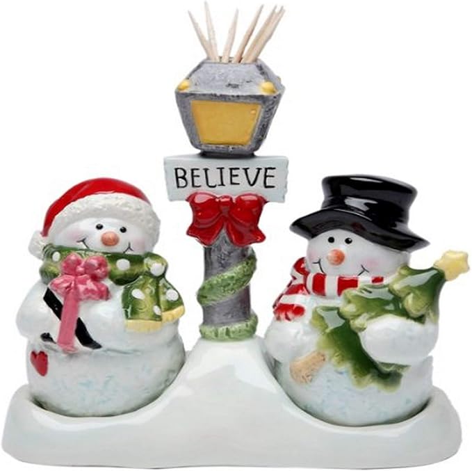 Cosmos Gifts Fine Ceramic Snowman Salt and Pepper Shakers Set with Toothpick Holder 5-1/4" H White