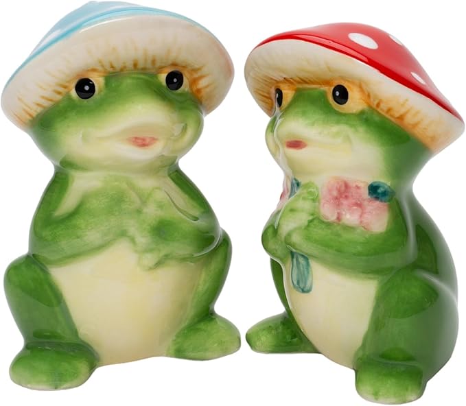 Cosmos Gifts Fine Ceramic Happy Frog Couple Fairy Forest Mushroom Salt & Pepper Set 3-1/2" H