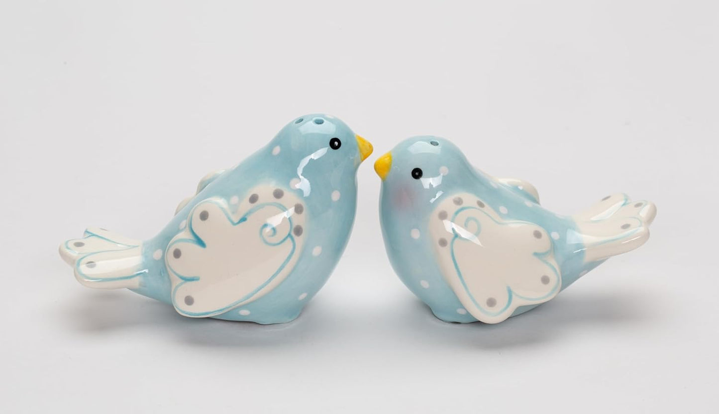 Cosmos Gifts Fine Ceramic Lovebird Bluebird Pastel Baby Blue Bird with White Wings and White Polka Dots Design Salt and Pepper Shakers Set 3-5/8" L
