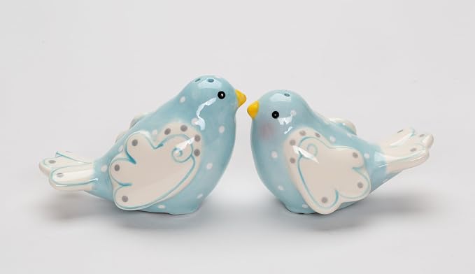 Cosmos Gifts Fine Ceramic Lovebird Bluebird Pastel Baby Blue Bird with White Wings and White Polka Dots Design Salt and Pepper Shakers Set 3-5/8" L