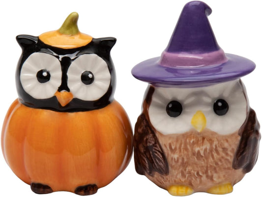 Cosmos Gifts Ceramic Halloween Pumpkin and Witch Owls Salt and Pepper Shakers 3 In Orange