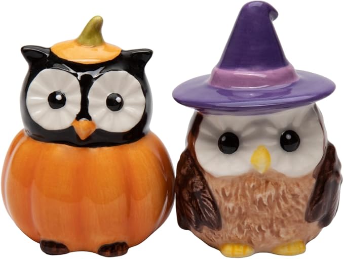 Cosmos Gifts Ceramic Halloween Pumpkin and Witch Owls Salt and Pepper Shakers 3 In Orange
