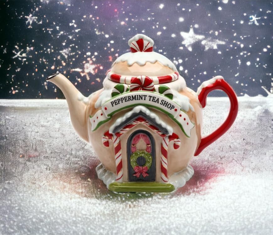 Cosmos Gifts Fine Ceramic Hand Painted Christmas Peppermint Candy Cane Tea Shop Gingerbread House Teapot 8-7/8" L
