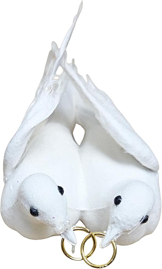 Party Favors Plus White Glitter Love Doves Wedding Ornament with Gold Rings 5 x 2 In Set of 2