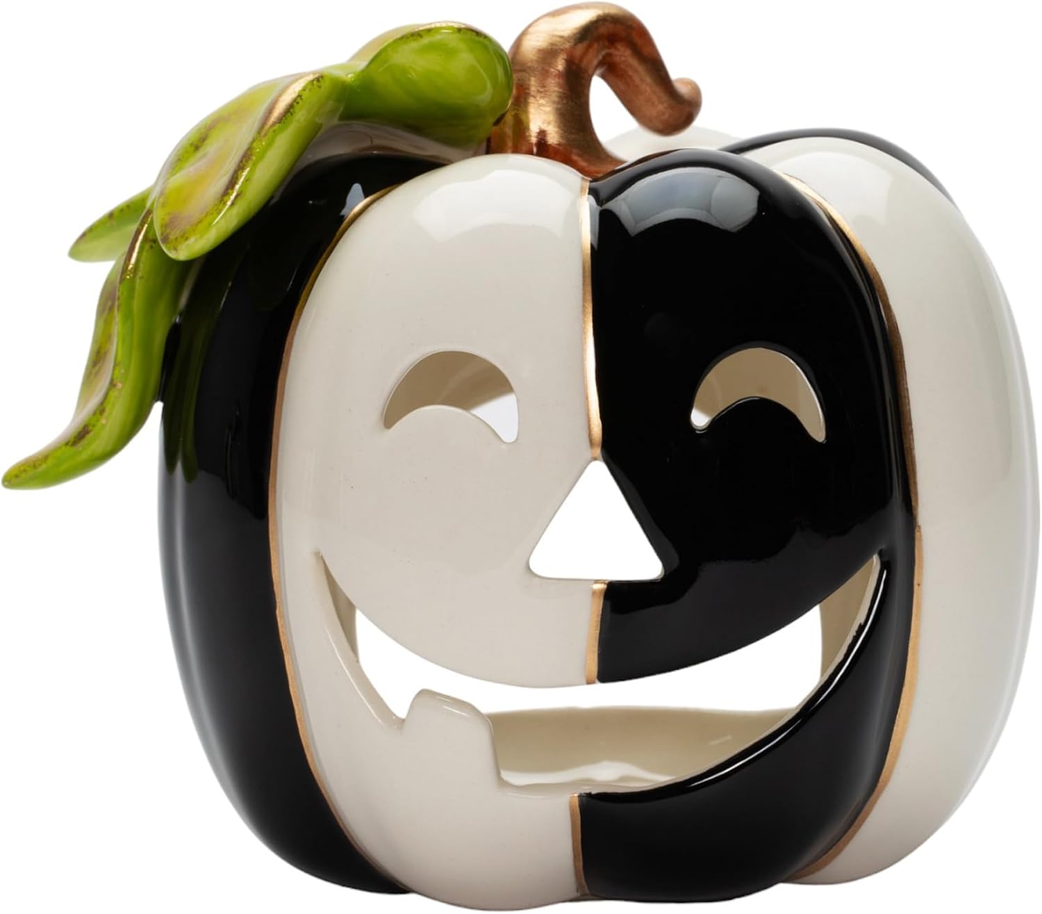 Cosmos Gifts Fine Ceramic White and Black Pumpkin Shaped Tealight Holder 4-1/4" H
