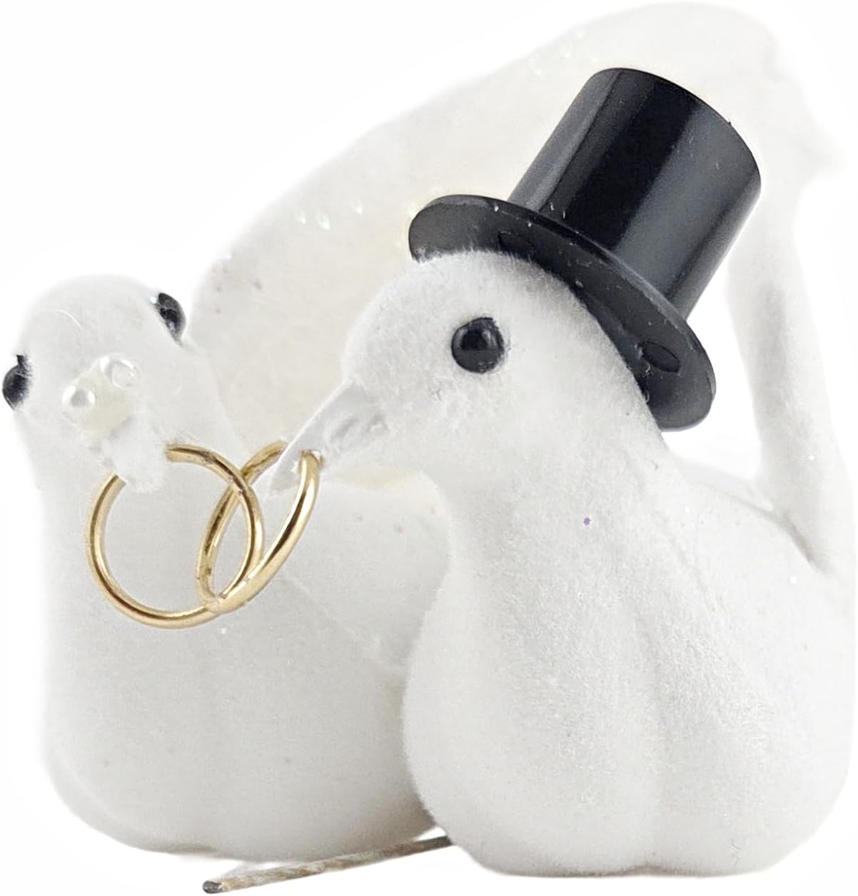 White Glitter Love Doves Wedding Ornament with Gold Rings and Top Hat, Plastic and Feather, 5x2 Inch, 2 Sets