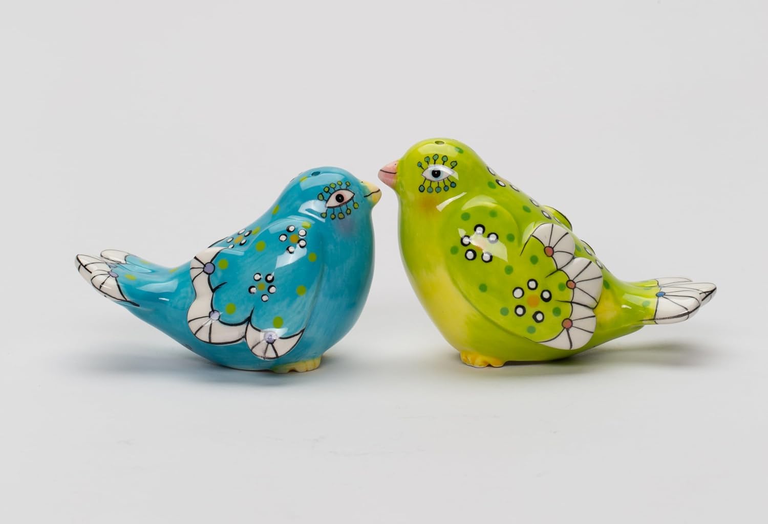 Cosmos Gifts Fine Ceramic Flight of Fancy Hand Painted Blue and Green Love Birds Salt & Pepper Shakers Set 3-3/8" L
