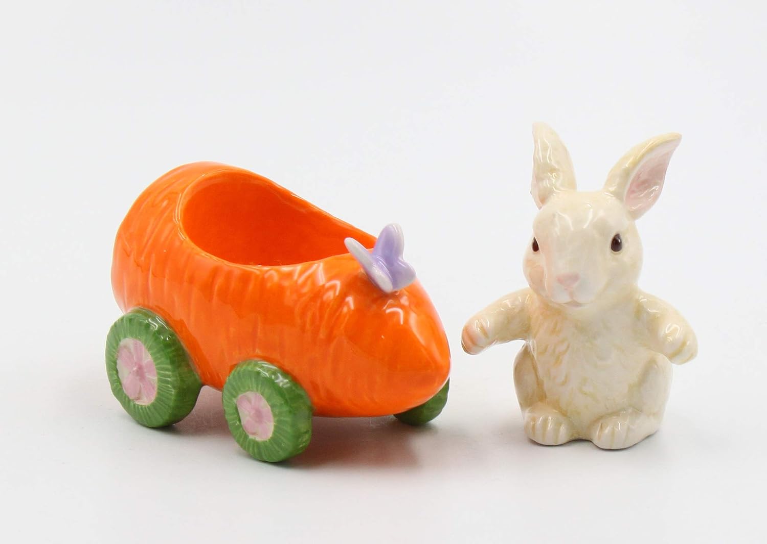 Cosmos Gifts Fine Ceramic Bunny Rabbit on Carrot Cart Salt & Pepper Shakers 4-1/4" L