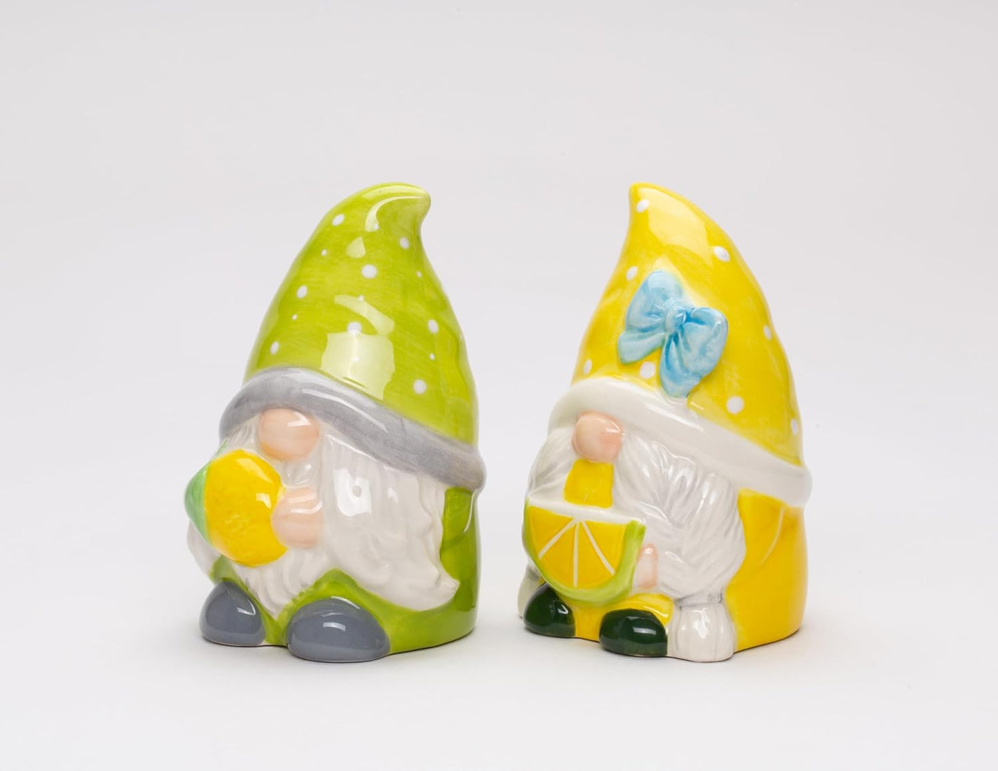 Cosmos Gifts Fine Ceramic Summer Lemon Lime Cool Gnome Couple Salt and Pepper Shakers Set 3-5/8" H Yellow Green