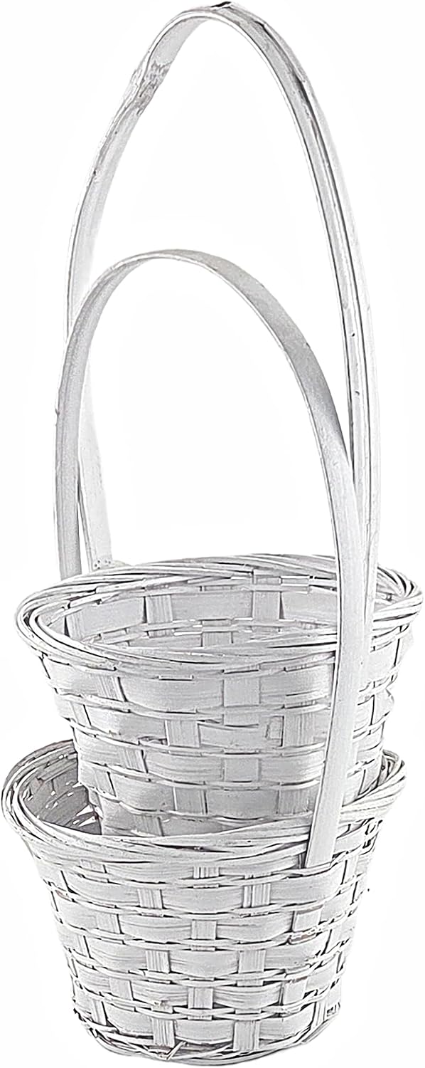 Round White Wicker Baskets with Handle, 2 Pieces