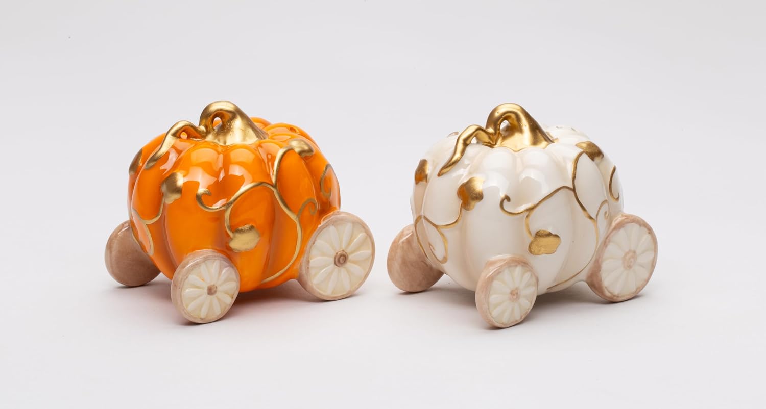 Cosmos Gifts Fine Ceramic Thanksgiving Autumn Fall Pumpkin Carriages Salt & Pepper Shakers Set 3" L