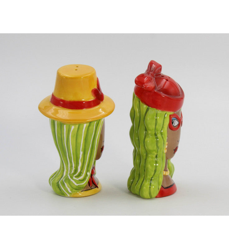 Cosmos Gifts Fine Ceramic Dollymama African American Red Hat and Yellow Hat Lady Salt and Pepper Shakers Set