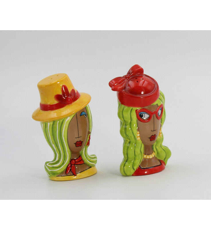 Cosmos Gifts Fine Ceramic Dollymama African American Red Hat and Yellow Hat Lady Salt and Pepper Shakers Set