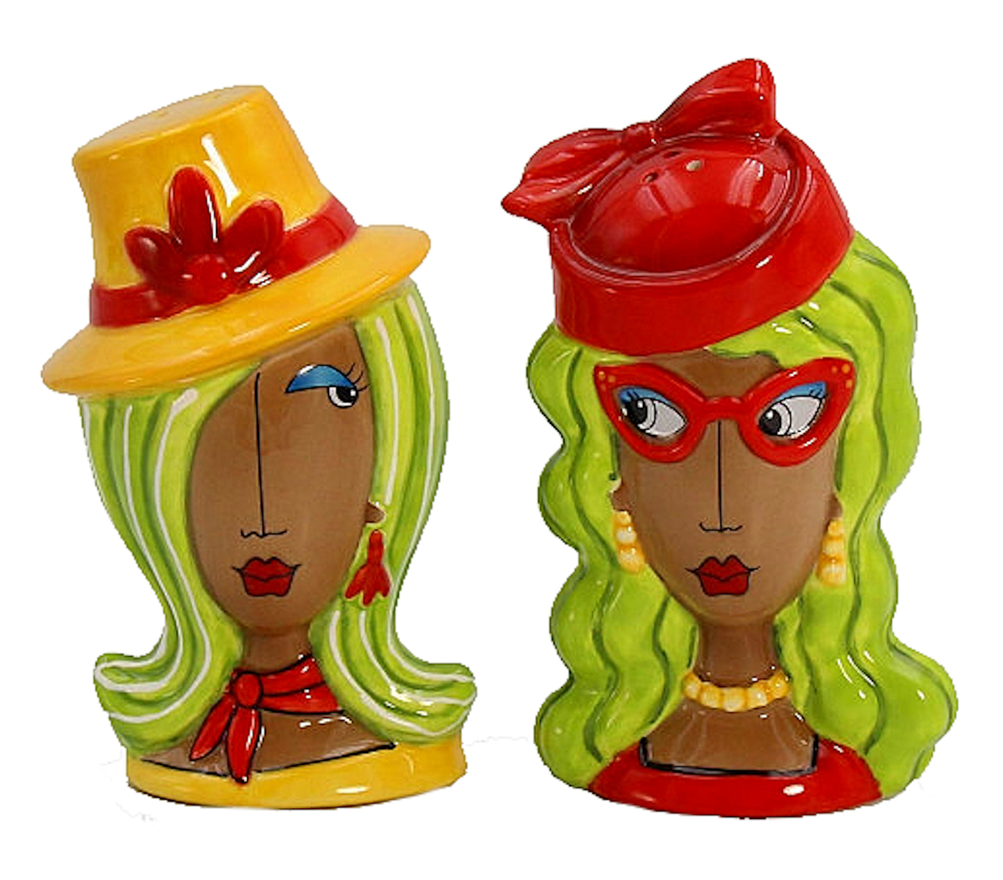 Cosmos Gifts Fine Ceramic Dollymama African American Red Hat and Yellow Hat Lady Salt and Pepper Shakers Set