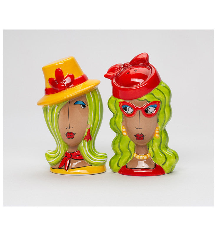 Cosmos Gifts Fine Ceramic Dollymama African American Red Hat and Yellow Hat Lady Salt and Pepper Shakers Set