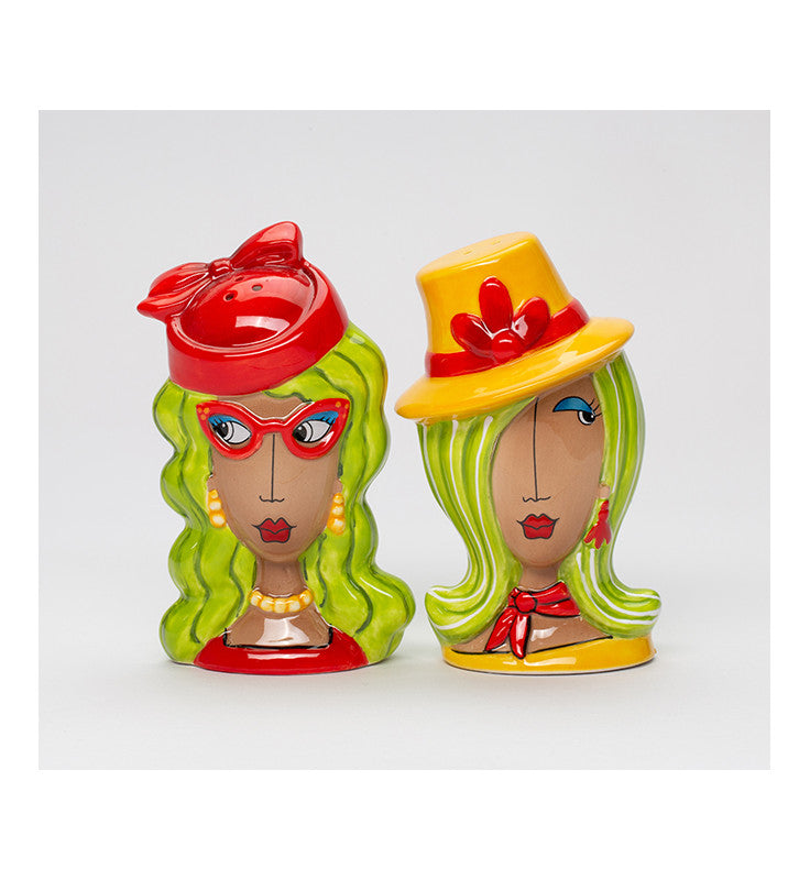 Cosmos Gifts Fine Ceramic Dollymama African American Red Hat and Yellow Hat Lady Salt and Pepper Shakers Set