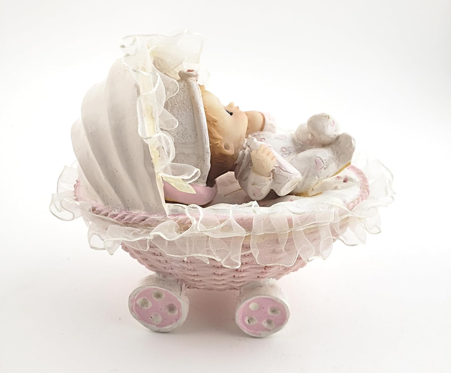 Party Favors Plus Pink White Polyresin Baby in Bassinet Figurine 4 Inch