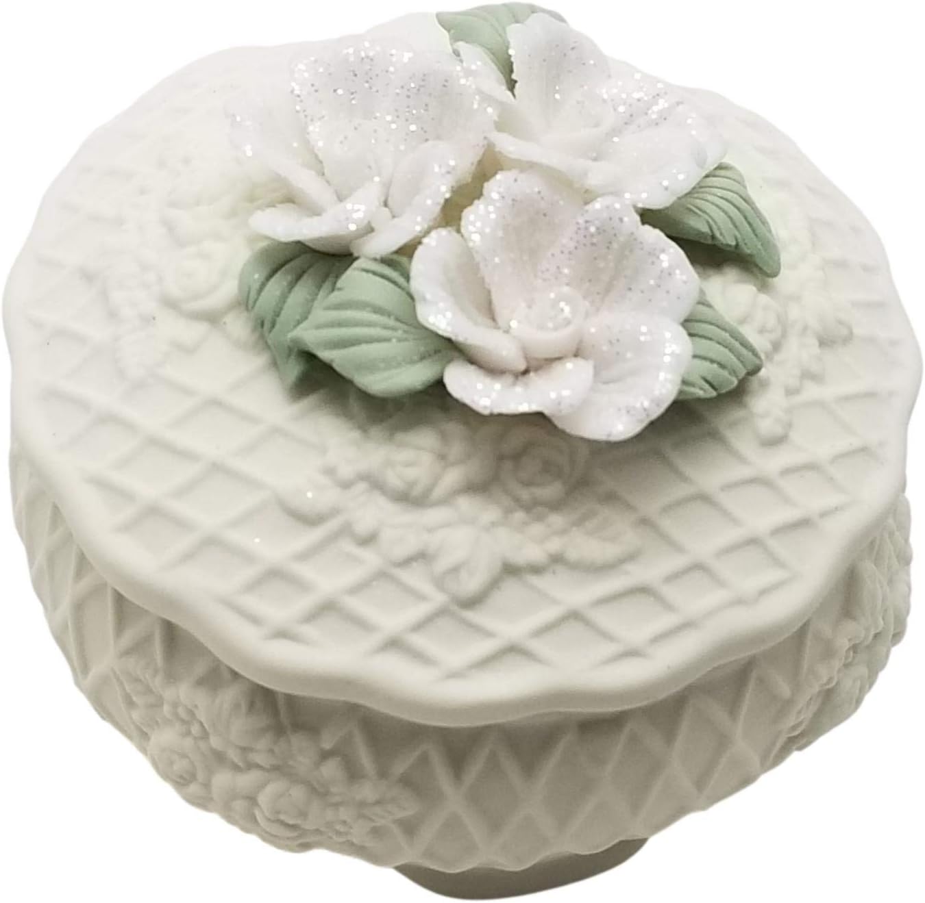 Party Favors Plus Ceramic Trinket Candy Box Ivory Round 3.5x3 Inch