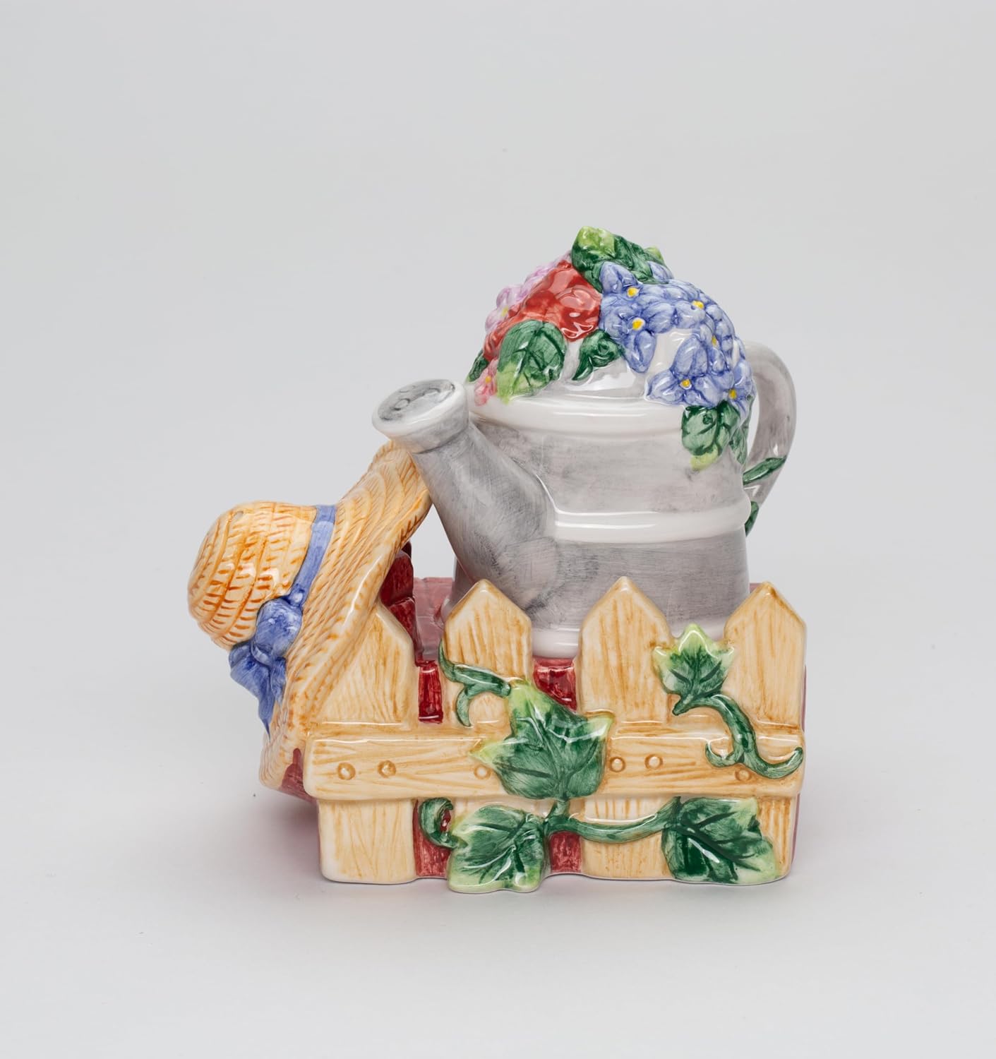Cosmos Gifts Fine Ceramic Garden Watering Can & Straw Hat Designs Salt & Pepper Shakers Set 3-1/2" H
