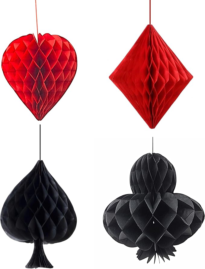 Party Favors Plus Casino Card Suit Honeycomb Hanging Decorations 4 Piece Red Black