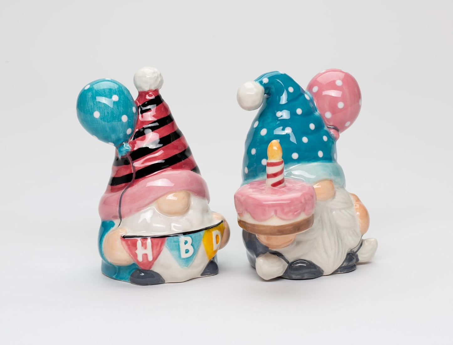 Cosmos Gifts Fine Ceramic Happy Birthday Gnome Couple Salt and Pepper Shakers Set 3-5/8" H Pink Blue White