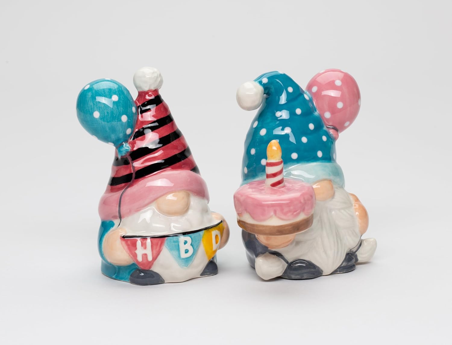 Cosmos Gifts Fine Ceramic Happy Birthday Gnome Couple Salt and Pepper Shakers Set 3-5/8" H Pink Blue White