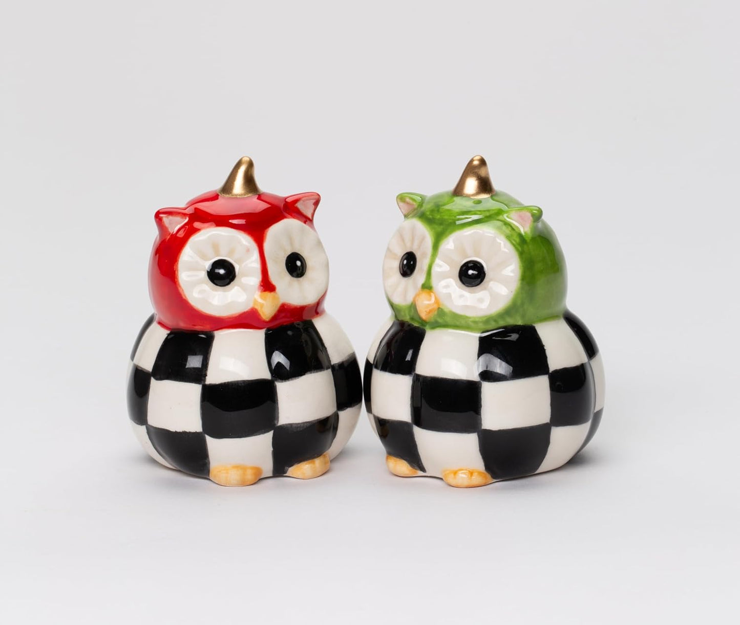 Cosmos Gifts Fine Ceramic Owl Couple with Checkered Pumpkin Salt & Pepper Shakers Set 2-3/4" H