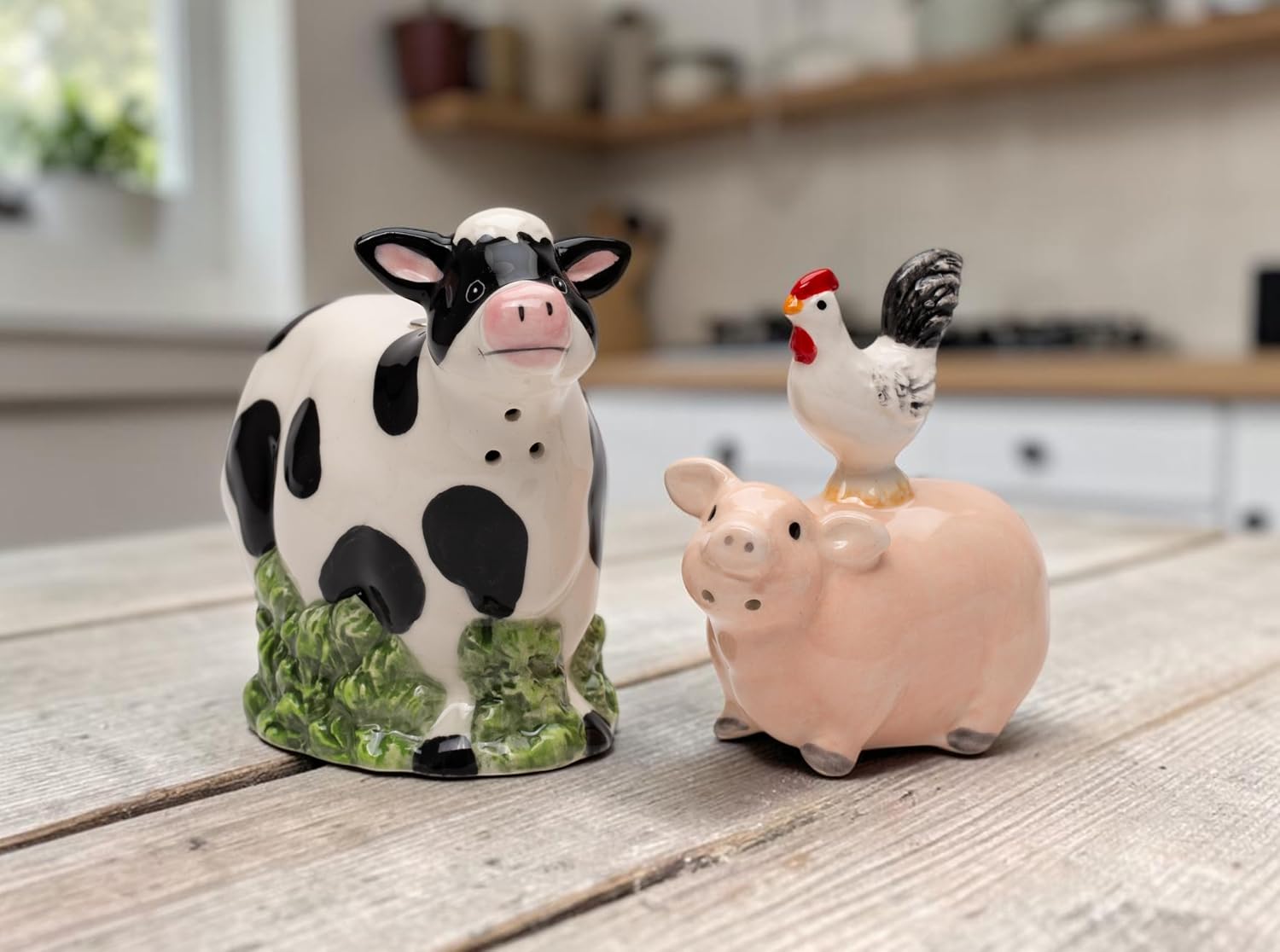 Cosmos Gifts Fine Ceramic Country Farmhouse Cow Pig and Rooster Salt & Pepper Shakers Set 4-7/8" H 21167