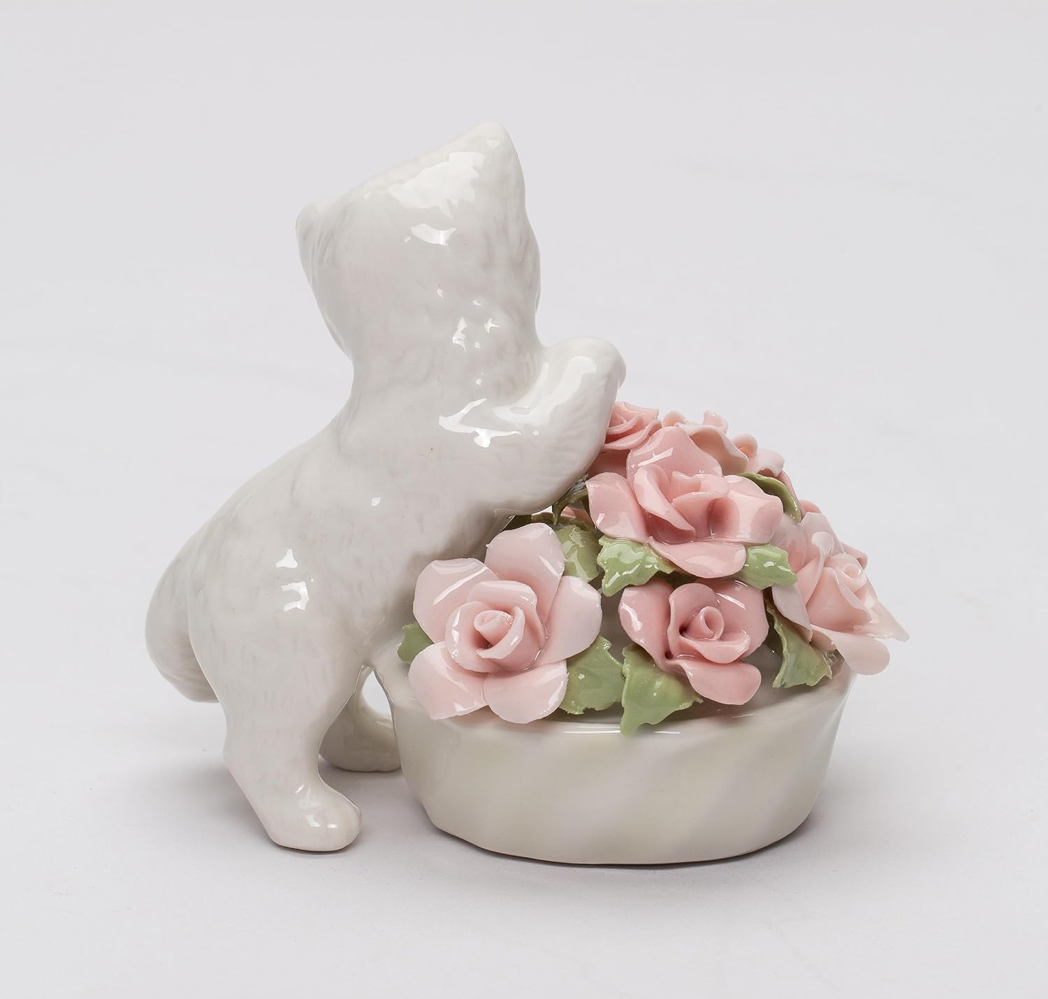 Cosmos Gifts Fine Porcelain Cat Kitten with Pink Rose Flowers Pot Mini Figurine 3" H 96475