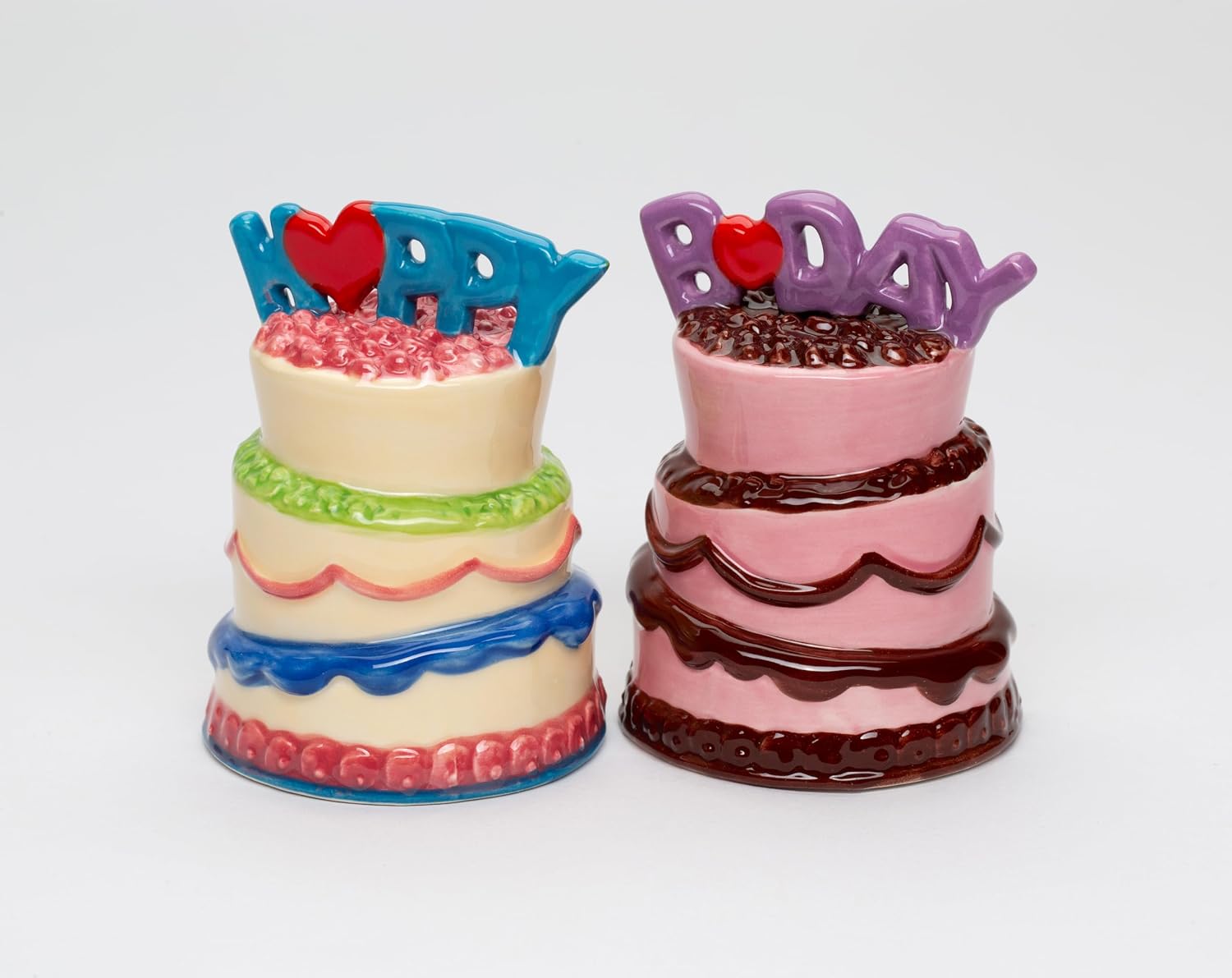 Cosmos Gifts Fine Ceramic Happy Birthday Cakes Salt and Pepper Shakers Set 3-1/4" H Pink Blue Purple