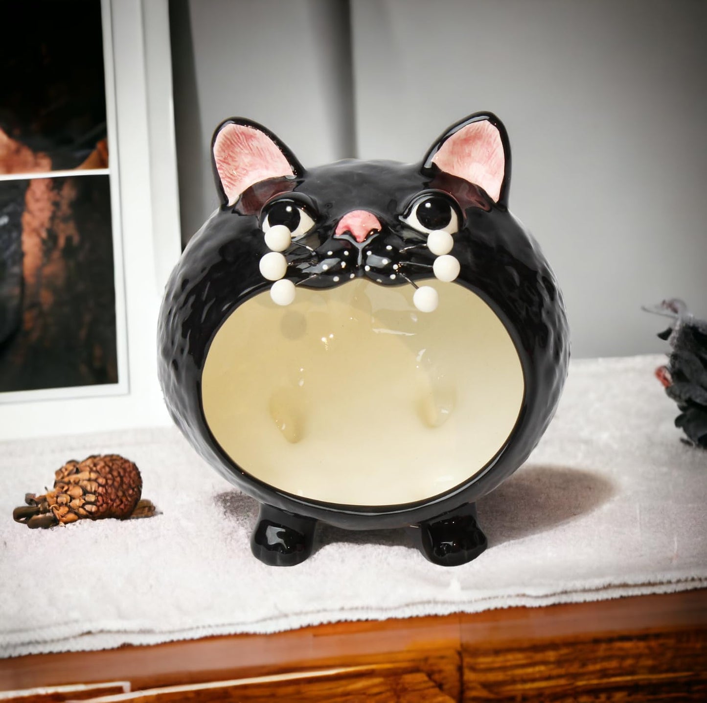Cosmos Gifts Fine Porcelain Black Whisker Cat Halloween Candy Bowl 5.25" W x 5.13" H