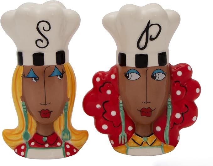 Cosmos Gifts Fine Ceramic Dollymamas African American Chef Lady Salt and Pepper Shakers Set 4-3/8" H Brown
