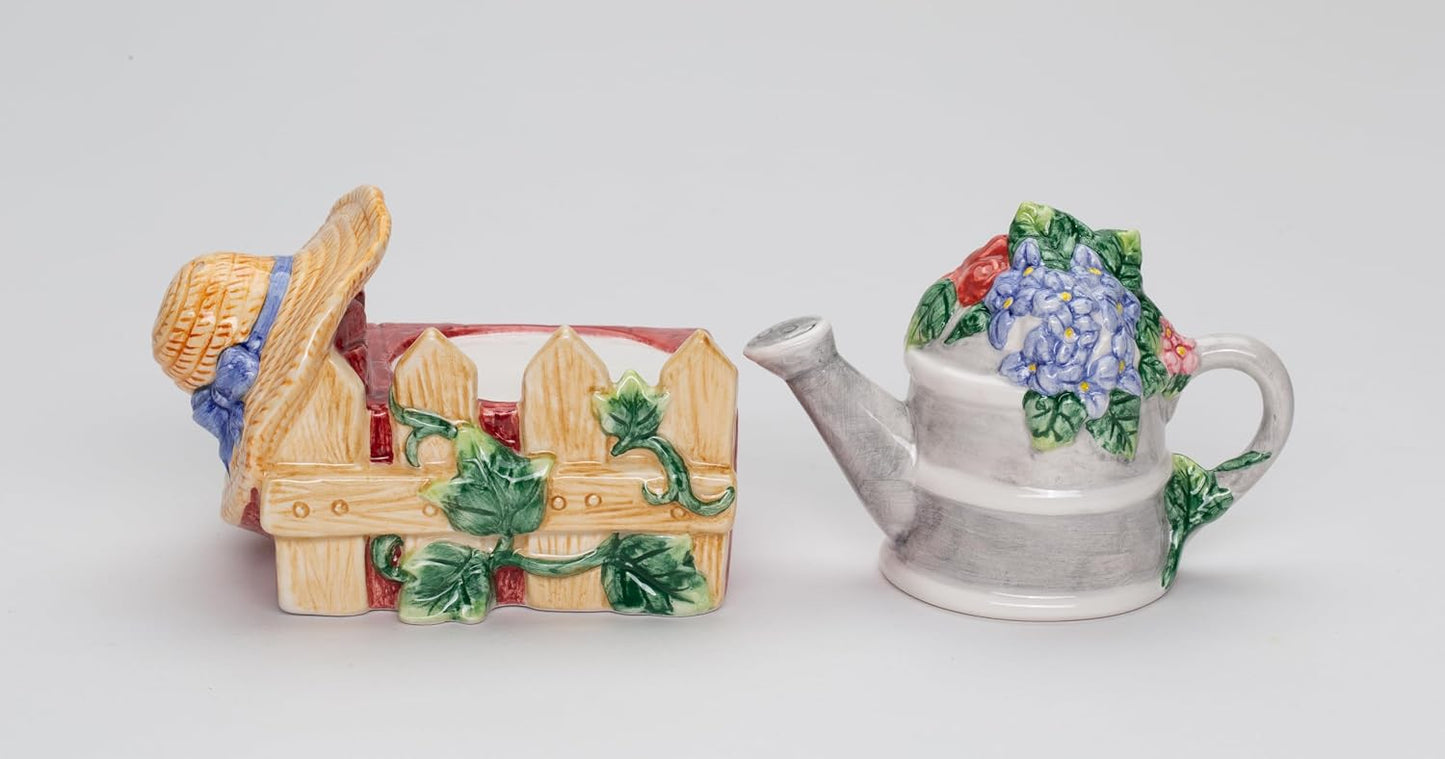 Cosmos Gifts Fine Ceramic Garden Watering Can & Straw Hat Designs Salt & Pepper Shakers Set 3-1/2" H