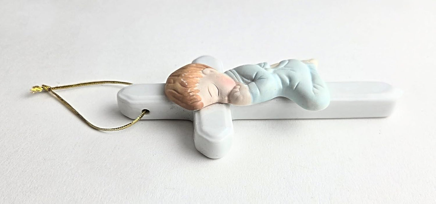 Party Favors Plus Blue White Ceramic Praying Angel Cross Ornament 4.75 Inch