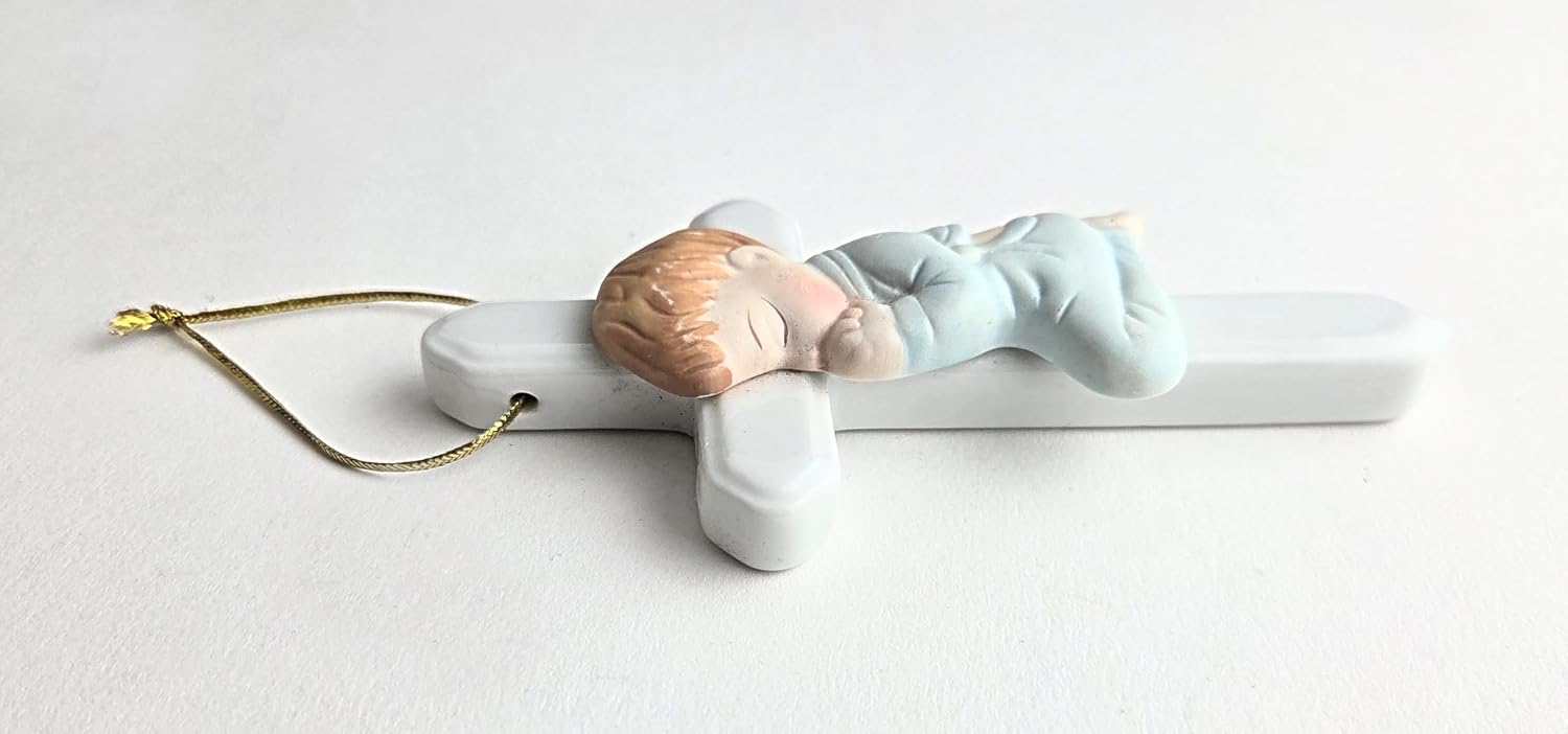 Party Favors Plus Blue White Ceramic Praying Angel Cross Ornament 4.75 Inch