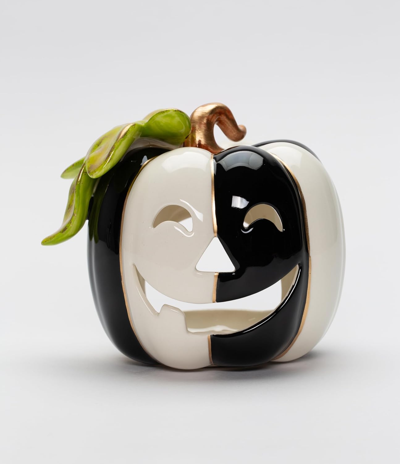 Cosmos Gifts Fine Ceramic White and Black Pumpkin Shaped Tealight Holder 4-1/4" H