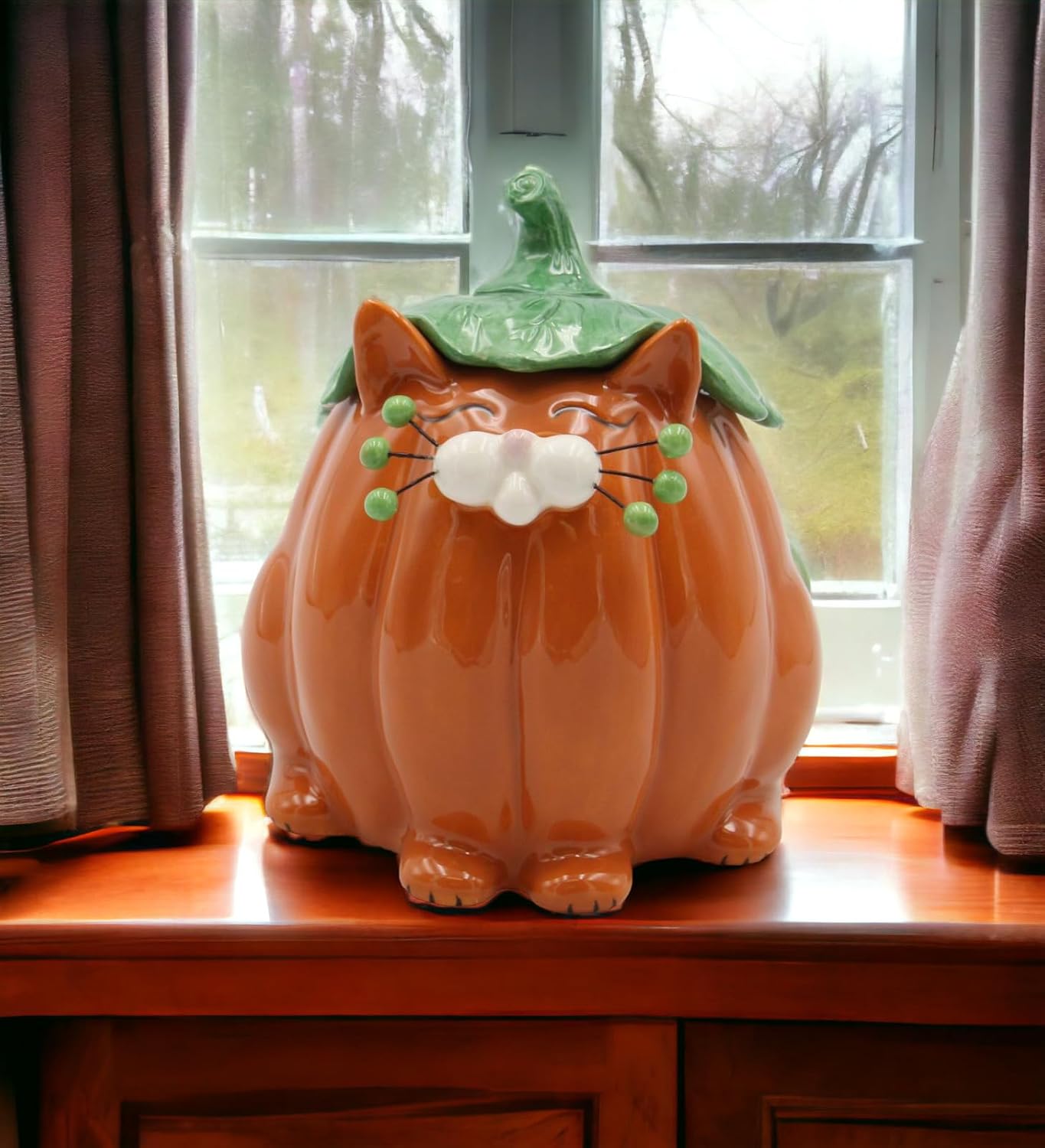 Cosmos Gifts Fine Ceramic Whisker Cat Pumpkin Design Candy Box 5-7/8" H