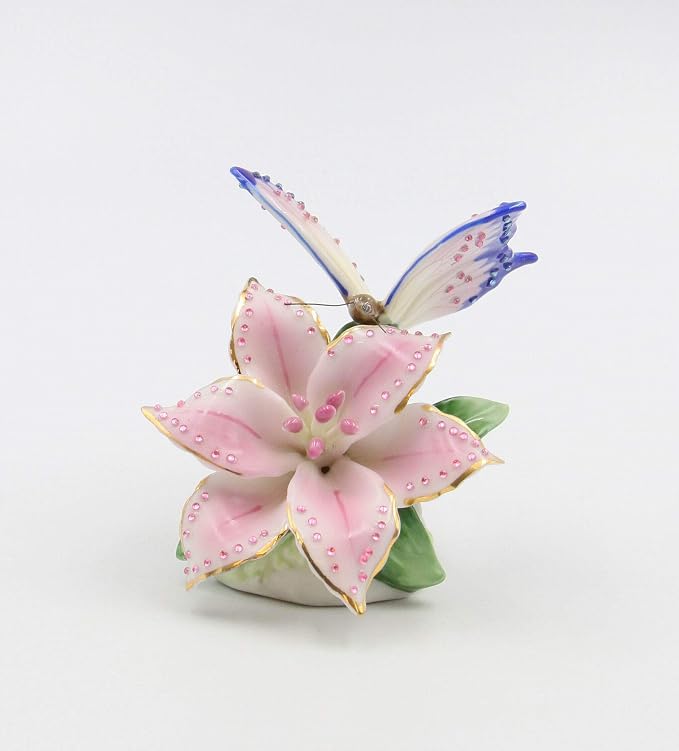 Cosmos Gifts Fine Porcelain Faux Jewel Butterfly with Pink Stargazer Lily Figurine 3-1/4" H